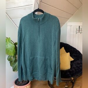 LL Bean Mens Cotton Cashmere Pullover 1/4 Zip Sweater Green Size L Pocket EUC